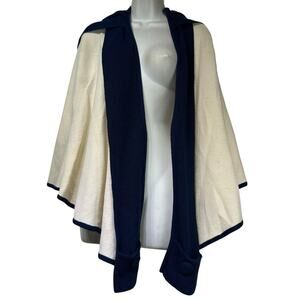Lacorine Baby Alpaca Wool Cape Poncho Ivory Navy Trim Hooded Made in Peru